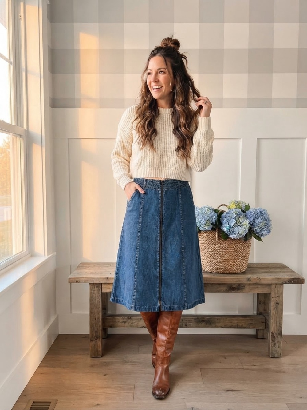 Madewell Blue Denim A-Line Midi Skirt with Center Seam 31